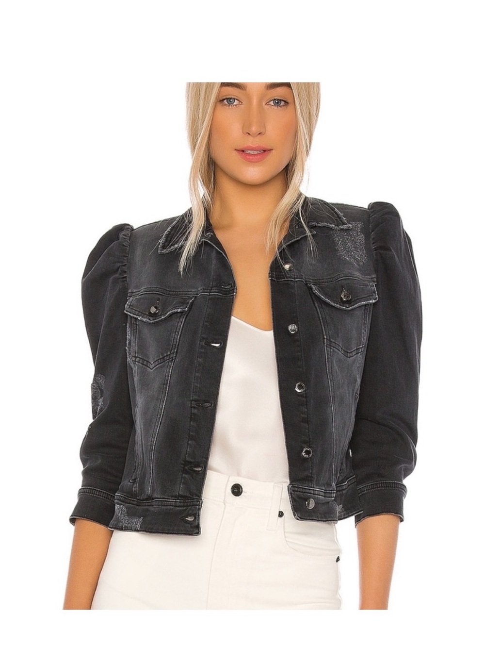 Retrofete Ada Black/Grey Denim Puff Sleeve Jacket — Small